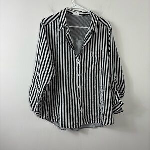 Jane + Delancey Button Up Womens 1X Mixed Stripe Button Back Roll Tab Sleeve